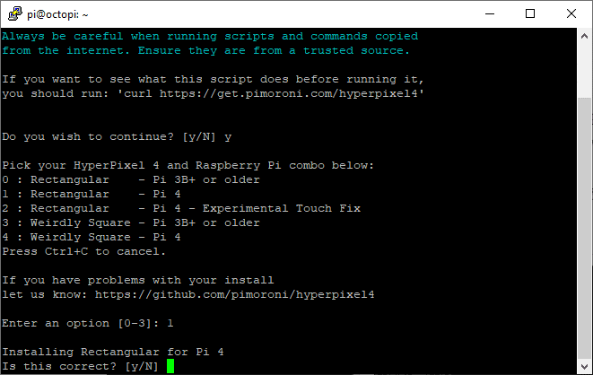 HyperPixel installation. Confirm your choice