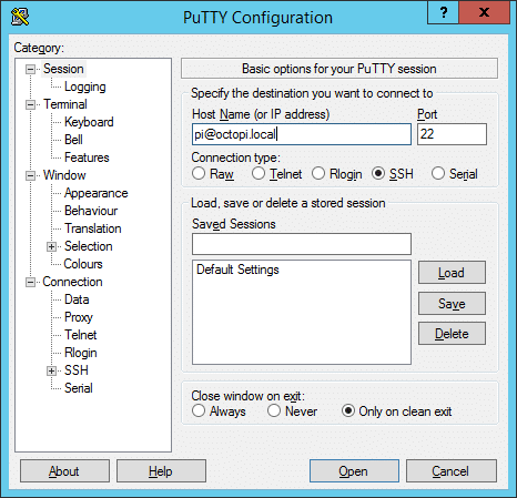 PuTTY settings screen