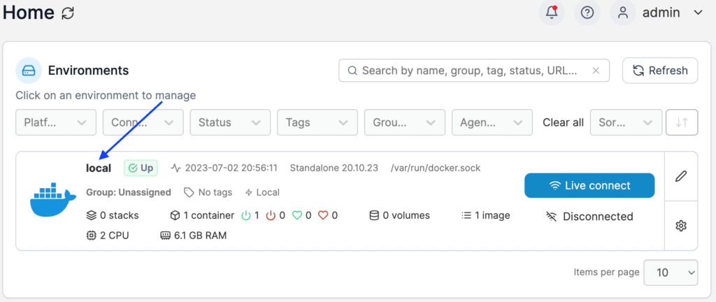 Screenshot of Portainer, where to click to go to the local instance.