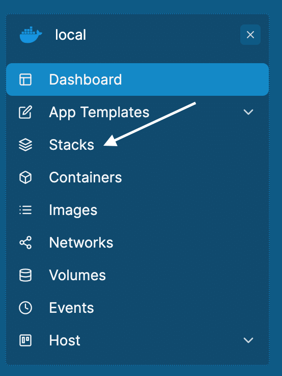 Image of Portainer side menu. Arrow with location of the Stacks option