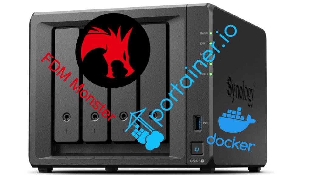 Image of Synology DS932+ with logos of Docker, Portainer and FDM Monster on top