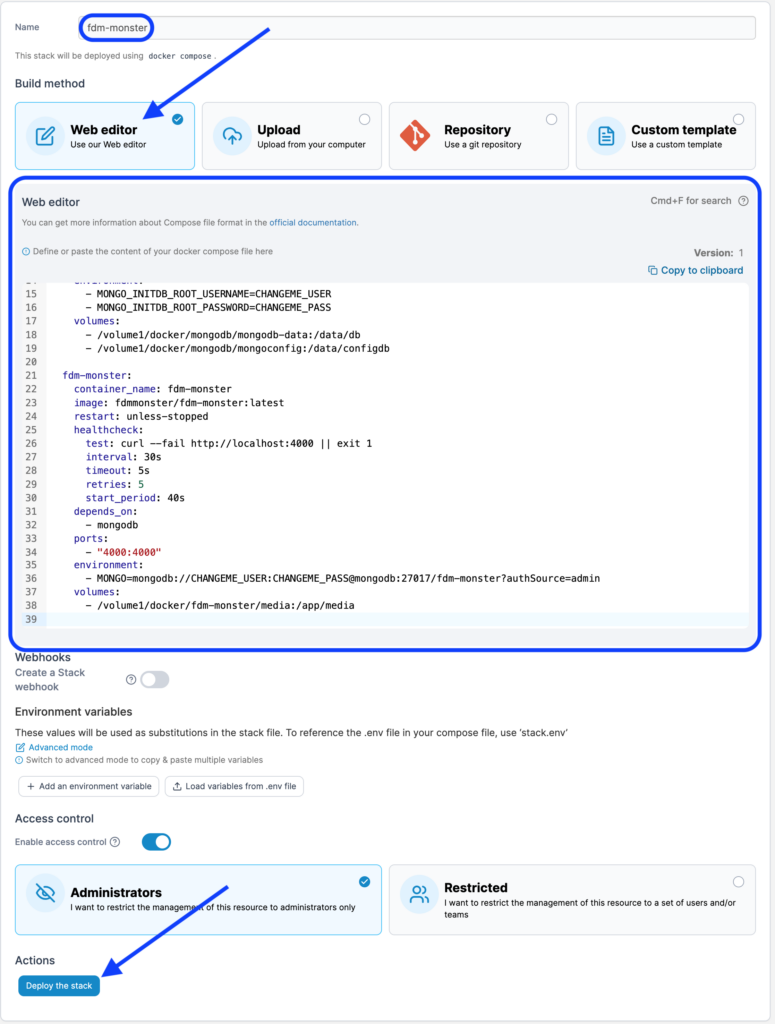 Screenshot what to alter to deploy the FDM Monster stack