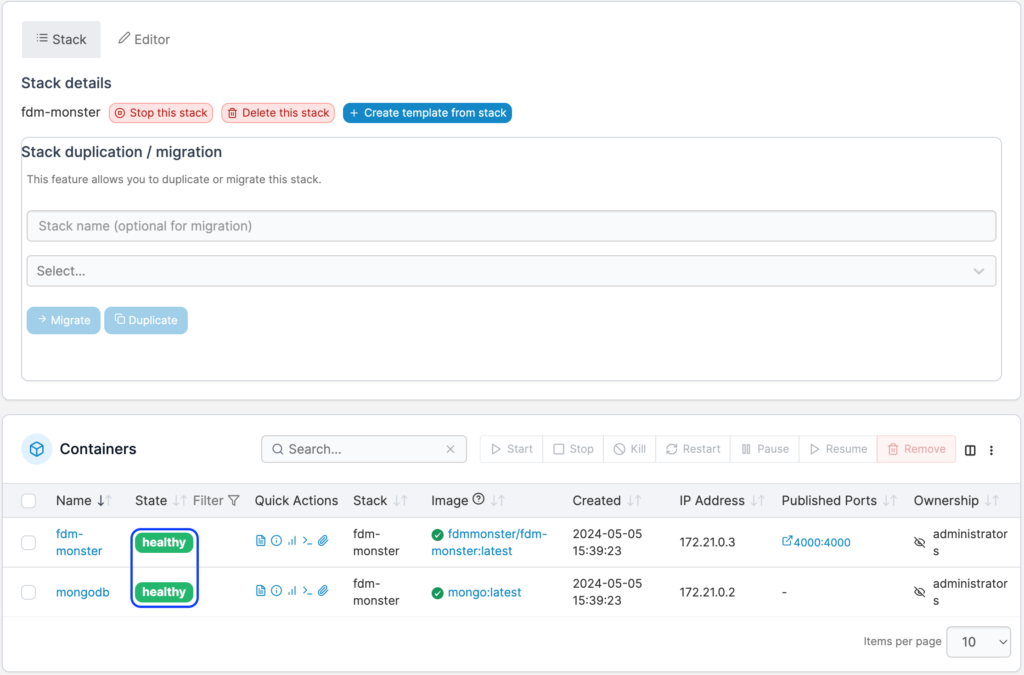 Screenshots showing 2 healthy containers.