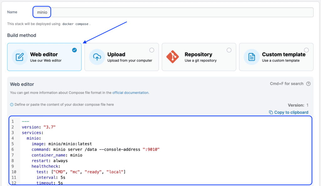 Screenshot of creating the MinIO stack