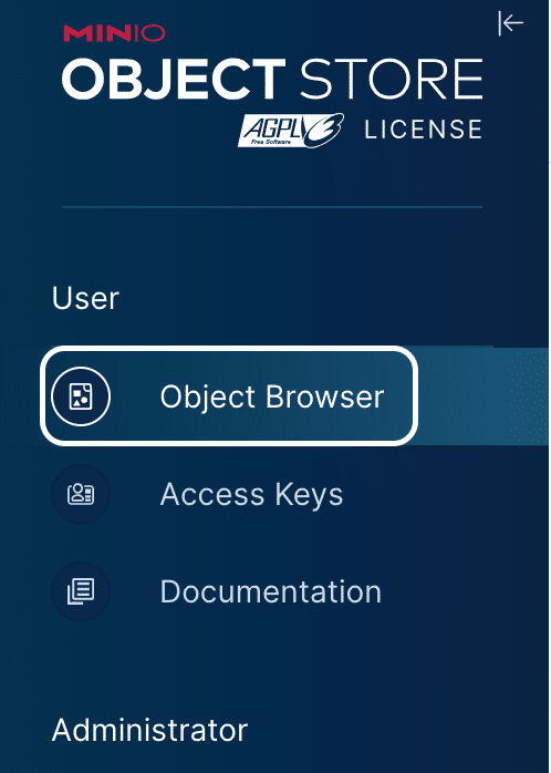MinIO left-hand menu. Object Browser selected